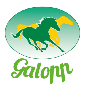 Logo marki z napisem Galopp i galopującym zielonym koniem oraz z żółtym koniem w tle.
