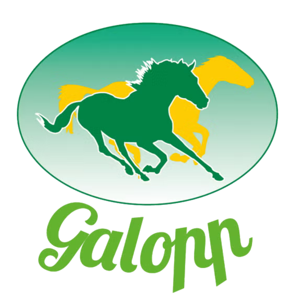 Logo marki z napisem Galopp i galopującym zielonym koniem oraz z żółtym koniem w tle.