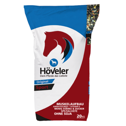 Worek z paszą o kolorach bordo i niebieski, z głową konia i napisem Hoveler Original Sport