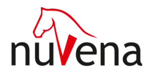 Logo marki NuVena z obrysem konia w kolorze czerwonym