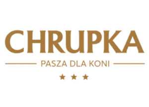 Złote logo marki Chrupka z dopiskiem Pasza dla koni i symbolem trzech złotych gwiazd