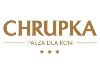 Złote logo marki Chrupka z dopiskiem Pasza dla koni i symbolem trzech złotych gwiazd