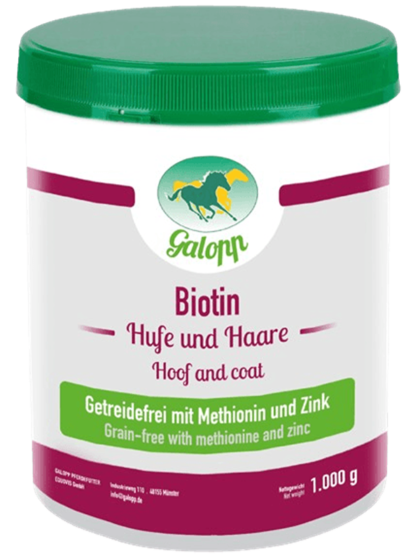 Opakowanie produktu GALOPP Biotin 1 kg – Biotyna (granulowana – bez zbóż) przedstawiające cylindryczny pojemnik z napisami "Biotin, Hufe und Haare - Huf and coat"