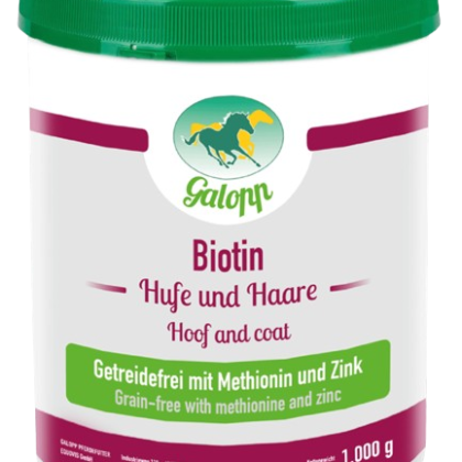 Opakowanie produktu GALOPP Biotin 1 kg – Biotyna (granulowana – bez zbóż) przedstawiające cylindryczny pojemnik z napisami "Biotin, Hufe und Haare - Huf and coat"