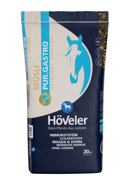 Höveler PUR.GASTRO Musli 20 kg — granatowy worek paszy dla koni z wrażliwym żołądkiem