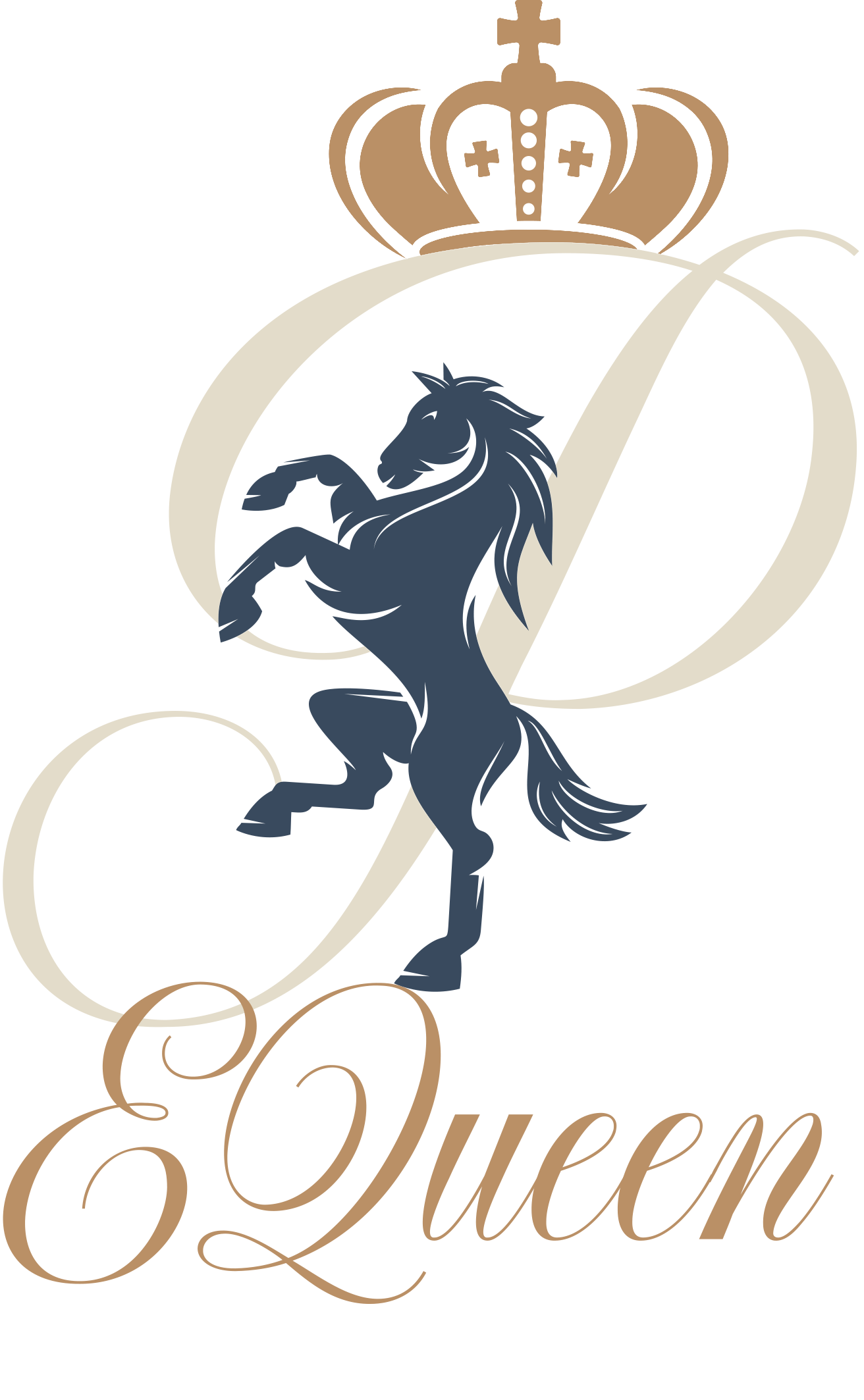 Logo marki P EQueen ze złotymi literami i szarym wizerunkiem konia stojącego dęba. Na dużej literze P znajduje się złota korona.