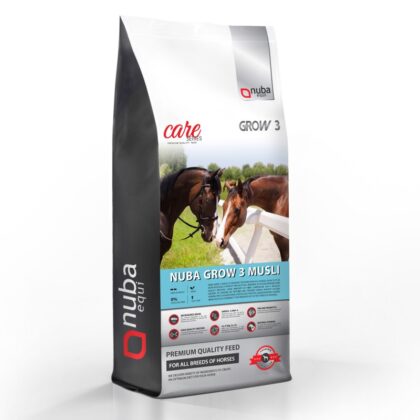 Zdjęcie worka z paszą, na worku dwa konie i napis Nuba Grow3 Musli 2G