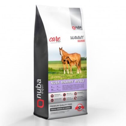 Worek z grafiką przedstawiającą kasztanową klacz ze żrebięciem na łące oraz napisem Nuba Mammy Musli Balancer 2G