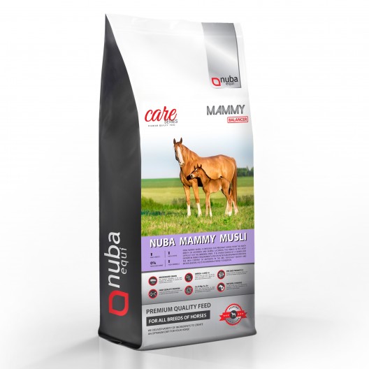 Worek z grafiką przedstawiającą kasztanową klacz ze żrebięciem na łące oraz napisem Nuba Mammy Musli Balancer 2G