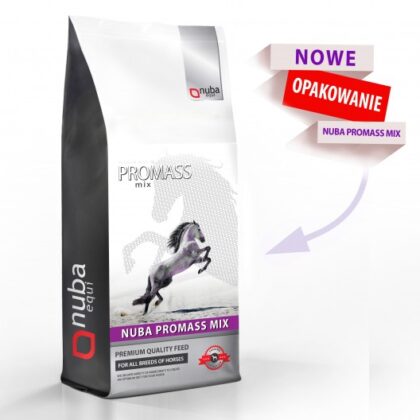 Worek z grafiką przedstawiającą siwego konia stojącego dęba i napis Nuba ProMass Mix na fioletowym tle. Obok worka napis Nowe opakowanie Nuba Promass Mix i strzałka wskazująca na worek