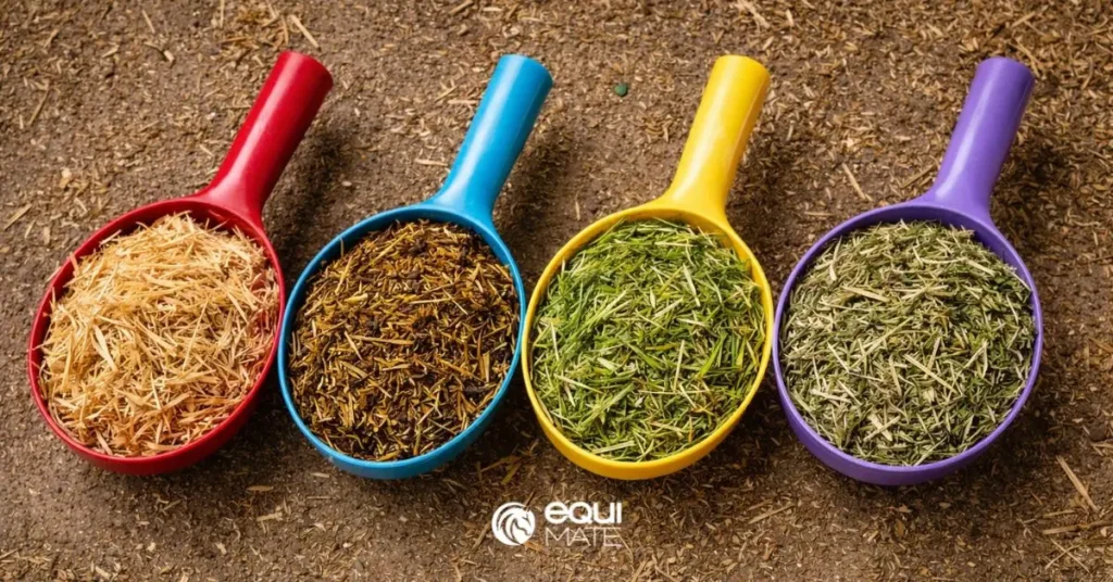 Cztery duże nabieraczki do paszy w kolorach: czerwona, niebieska, żółta i fioletowa. W każdej znajduje się sieczka w kolorach od żółtego przez brazowy do zielonego.